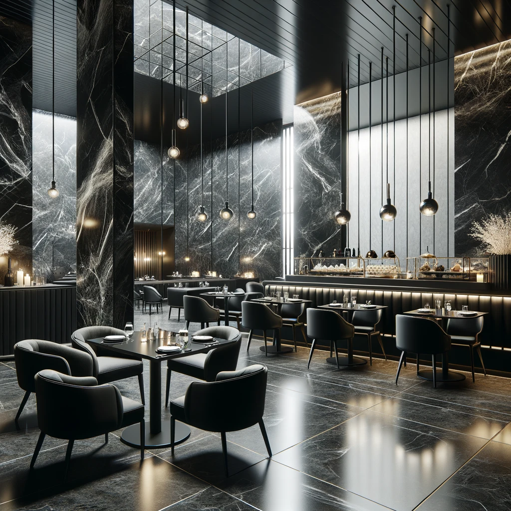 Musta marmori Rocko-levy ravintolan ja kahvilan sisustukseen